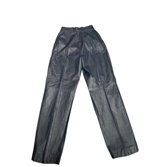 Vintage 80s Navy Blue Leather High Waist Pleated Tapered Pants Korea Sz 4 - Picture 2 of 15